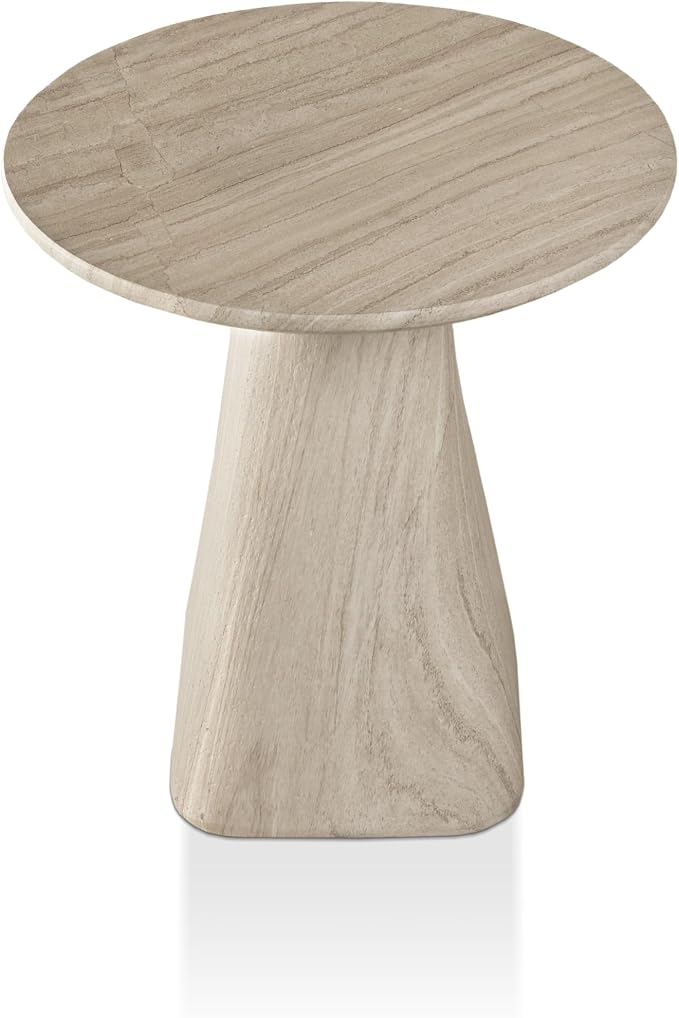 24/7 Shop at Home Ranera Modern 18-inch Natural Stone Side Table with Angular Pedestal Base, Marble Nightstand, Geometric Patio End Table, for Living Room, Covered Outdoor Spaces, Beige Travertine