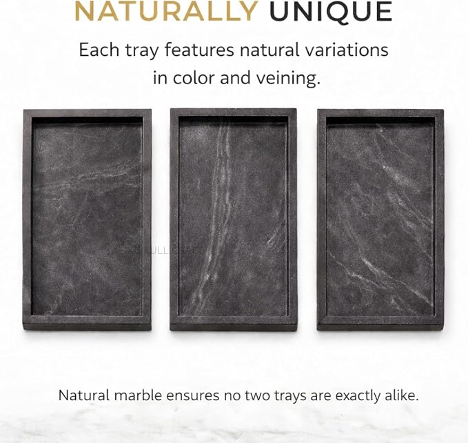 Natural Marble Tray, Black, 12" x 8", Rectangular | For Bathroom, Kitchen & Vanity Organizer, Desktop & Coffee Table Use, Stone Organizer