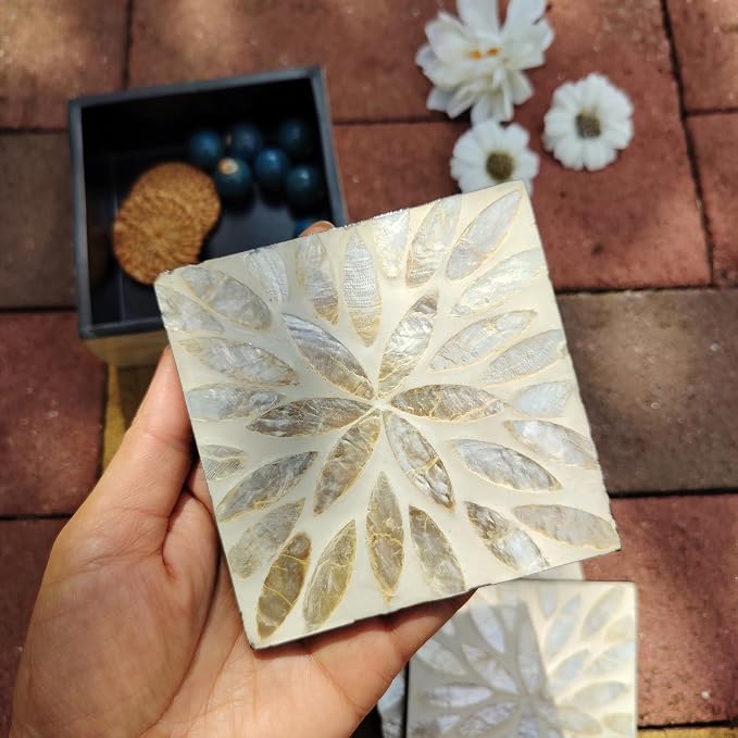 6 Pack Mother of Pearl Squre Coasters with Holder, Seashell Inlay Square Cup Holders with Organizer, Decorative Coasters Capiz Shell Trivet for Coffee Table, 5", I-lan (Gold Leaf)