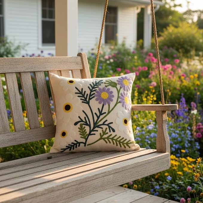 Spring Floral Pillow Covers 18x18 Inch Set of 2 Cotton Embroidery Farmhouse Throw Pillow Cover Outdoor Garden Cushion Case Summer Decorations for Home (Purple and White Flower,18"x18")