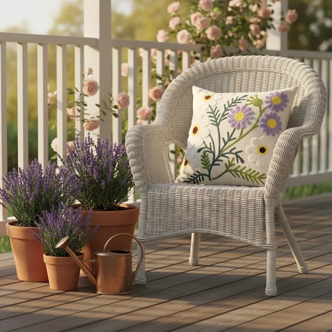 Spring Floral Pillow Covers 18x18 Inch Set of 2 Cotton Embroidery Farmhouse Throw Pillow Cover Outdoor Garden Cushion Case Summer Decorations for Home (Purple and White Flower,18"x18")