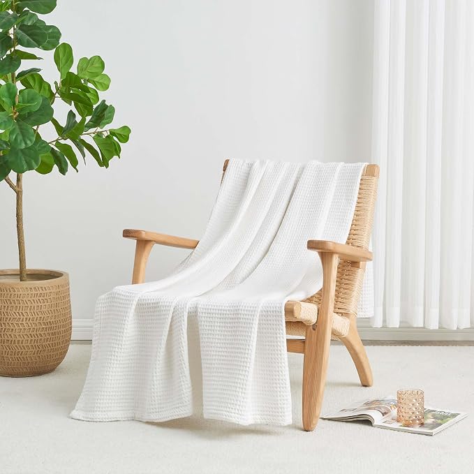 100% Cotton White Blanket King Size for Bed - Breathable and Soft, Waffle Weave for Summer Spring, 102x90 Inches