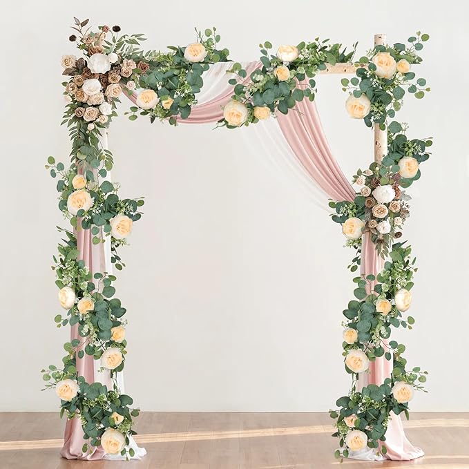 SOMYTING Artificial Flower Garlands Eucalyptus Garlands with Flowers Rose Peony Flower Vine Faux Floral Garland for Wedding Party Arch Table Wall Backdrop Decoration (Champagne, 4PCS)
