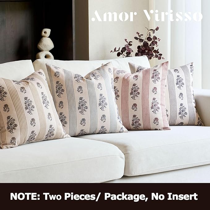 Amor Virisso Floral Throw Pillow Covers 18x18 Set of 2 Block Print Pillow Covers Neutral Floral Striped Farmhouse Decorative Pillow Covers for Sofa Couch Bed, Light Blue