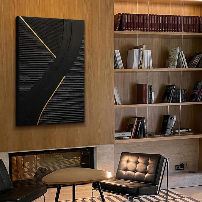 Abstract Black & Gold Canvas Wall Art,3D Line Texture Modern Oil Painting | Hand-Painted Black Vertical Artwork for Living Room Bedroom Office, 24x36 In Large Original Wall Decor, Ready to Hang