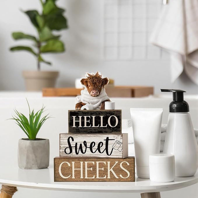 Moucuny 4 Pcs Highland Cow Bathroom Decor Farmhouse Bathroom Decor and Accessories Highland Cow Table Centerpiece Western Hello Sweet Cheeks Decoration for Home Office