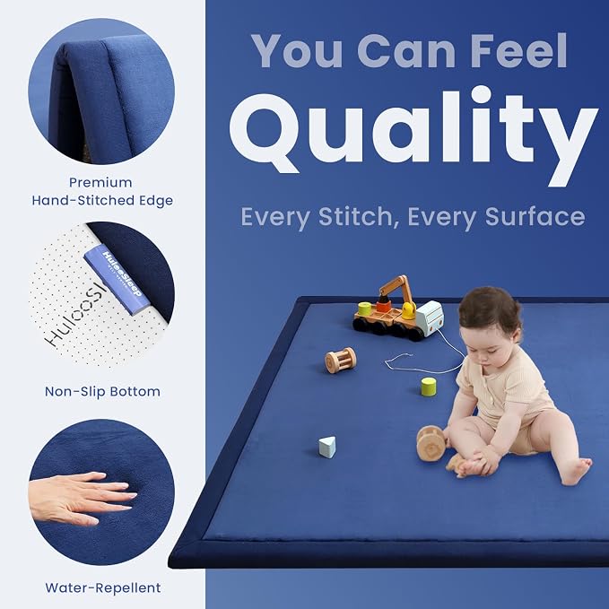 Huloo Sleep Ultra Soft Baby Play Mat for Floor, 1.3" Thick Elasti-Foam 65x50 Play Mat for Playpen,Water-Repellent Coral Velvet for Tummy Time, Non-Slip Backing,Safe for Toddlers & Infants （Dark Blue）
