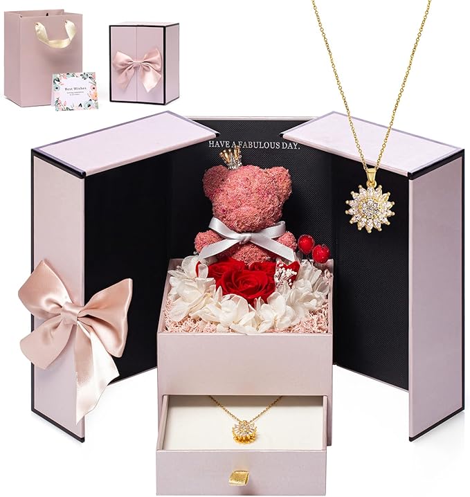 Gifts for Mom Wife Women Preserved Real Red Rose with Rotating Sunflower Pandent Necklace&Cute Pink Bear Birthday Gift Box for Mama Girlfriend Wife Her Grandma Anniversary Valentines Day