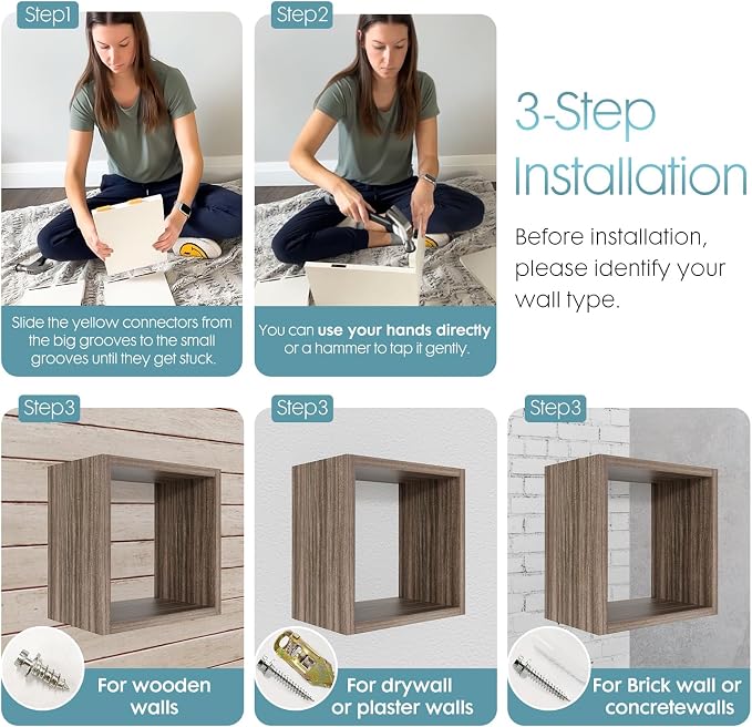 Kaboon Cube Floating Shelves Set2, Display Shelves Wall Mount 7.75" D x 12.5" W x 12.5" H, (Eucalyptus, Square 2 Cubes)