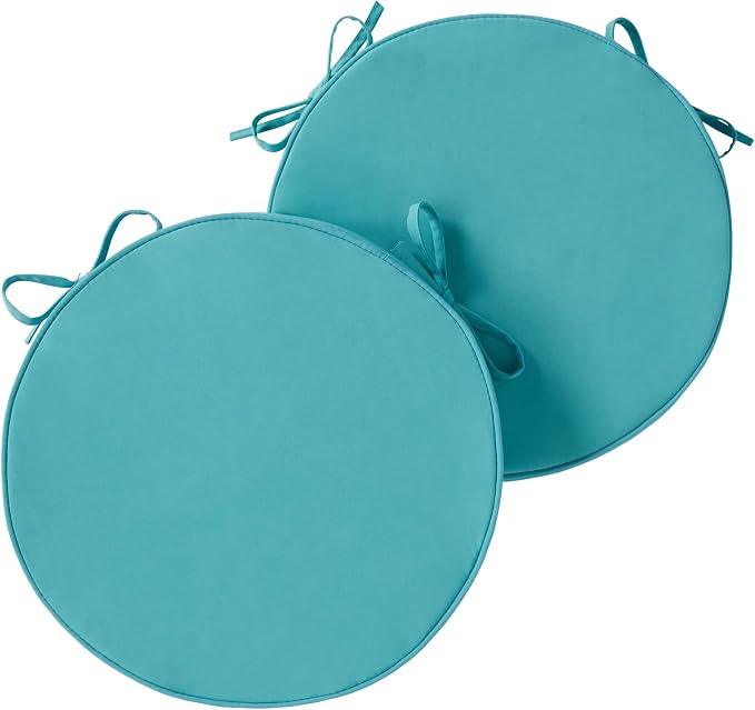 Set of 2 Outdoor 18 inch Round Patio Dining Chair Pads – Comfortable Fiber-Filled Seat Cushions with Ties, Reversible Polyester Fabric, Teal