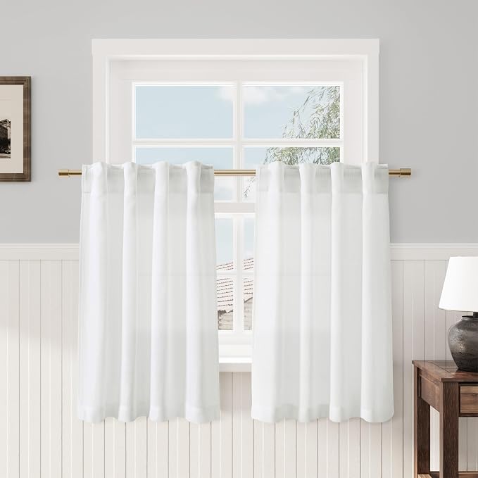 Nanspring Off White Cafe Curtains 24 Inch Length 2 Panels Set Back Tab Linen Kitchen Curtain Over Sink Country Farmhouse Semi Sheer White Short Drapes for Basement RV Laundry Camper Half Small Window