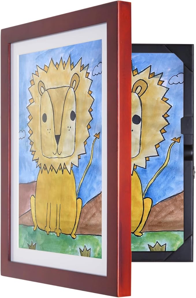 Dynamic Frames Li’l Davinci Art Cabinet, Stores up to 50 Pieces of 9x12 inch Art, Outer Wooden Frame 11.75 x 14.75 inches, Kids Art Frame, Front Opening, Universal Hanging, Cherry
