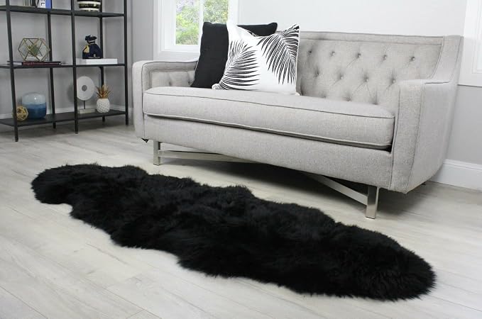 HUAHOO Premium Genuine Sheepskin Rug Black Real Australia Sheepskin Natural Luxury Fluffy Lambskin Fur Area Rug Seat Covers for Kids Bedroom Sofa Chair Cover Pets Dogs Mat Double Pelt/2' x 6' Black