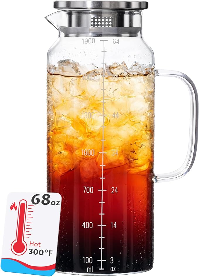 68oz Borosilicate Glass Pitcher with Lid and Handle – Dual Filter Spout, 300°F High-Temperature Resistant Carafe for Hot & Cold Drinks, Perfect for Iced Sun Tea, Coffee, BreastMilk, and Fridge Storage