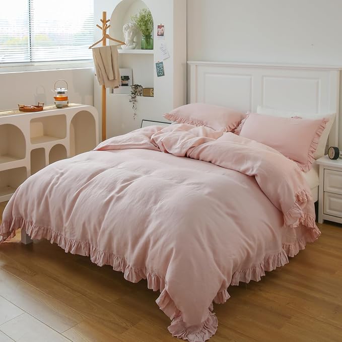 Simple&Opulence 100% Linen Duvet Cover Set, Natural French Flax Blush Pink Ruffle Duvet Cover Twin Size, Breathable Comfy Linen Bedding Comforter Cover with 1 Pillowcase (Blush Pink, 68" X 86")