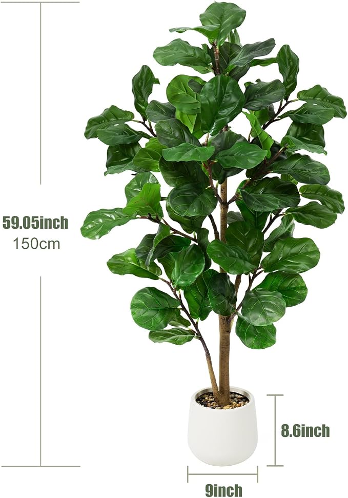 Faux Fiddle Leaf Fig Tree 5ft Tall Indoor Fake Tree in White Pot with 70 Leaves Artificial Ficus Lyrata House Plant for Indoor Home Office Bedroom Living Room Decor Perfect Housewarming Gift