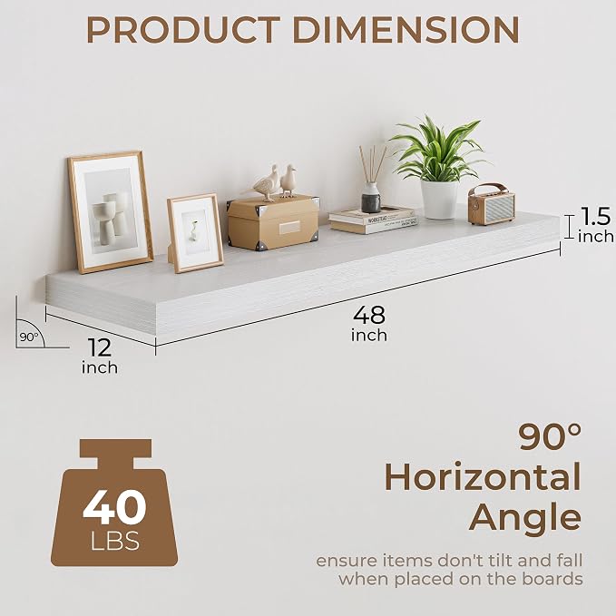 RICHFOCUS 48 Inch 12" D Floating Shelves for Wall 2 Pack Long Wall Shelves for Room Wall|Large Wood Hanging Shelf with Invisible Brackets for Bathroom Bedroom Kitchen Laundry Room, White