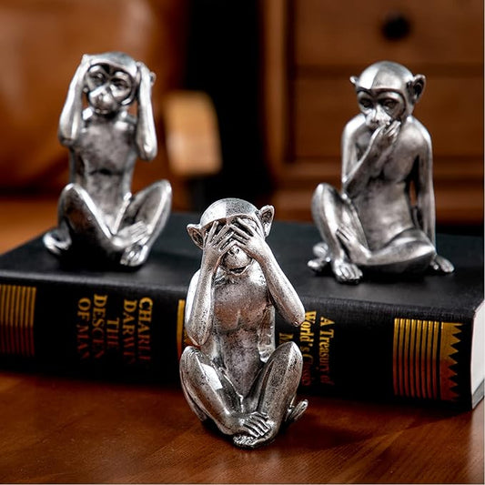 3 wise monkeys statue - hear no evil see no evil speak no evil monkeys statue for home decorations,monkeys figurines home decor accents,see no evil figurines monkey statues set of 3 silver color