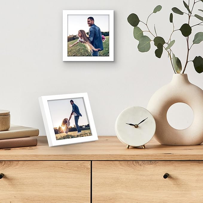 Americanflat 5x5 Picture Frame with Shatter-Resistant Glass - Streamline Collection - Thin Border Square Frame for Tabletop and Wall Display - Hanging Hardware and Easel Stand Included - White