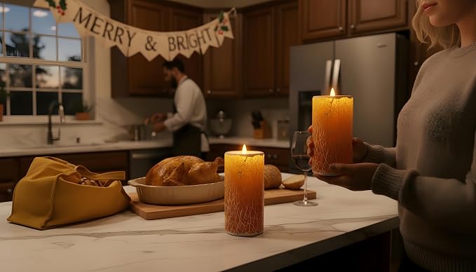 Glass Flameless Pillar Candles Flickering with Remote Timer, Battery Operated LED 3D Moving Flame Real Wax Candles,Remote Included (Honey Yellow Cracked Glass)