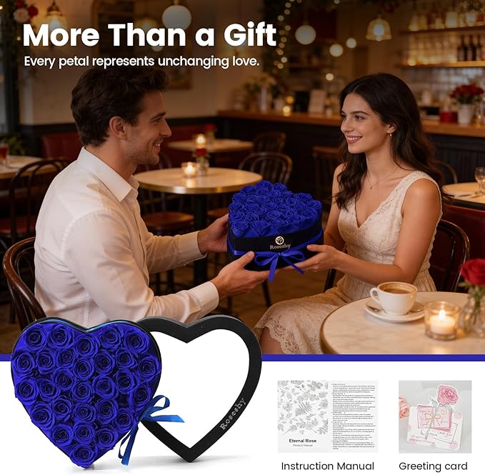 Valentines Day Flowers Roses Gifts for Her,28pcs BlueForever Preserved Roses in Heart Shape Gift Box,Valentines Day Delivery Prime Gifts-Roses Gifts for Women,Mom.