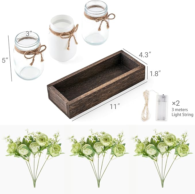 Mkono Mason Jar Lights Centerpiece Table Decorations for Dining Room Farmhouse Coffee Table Decor, Wood Tray with 3 Jars Flowers for St. Patrick's Day, Easter, Spring Home Decor