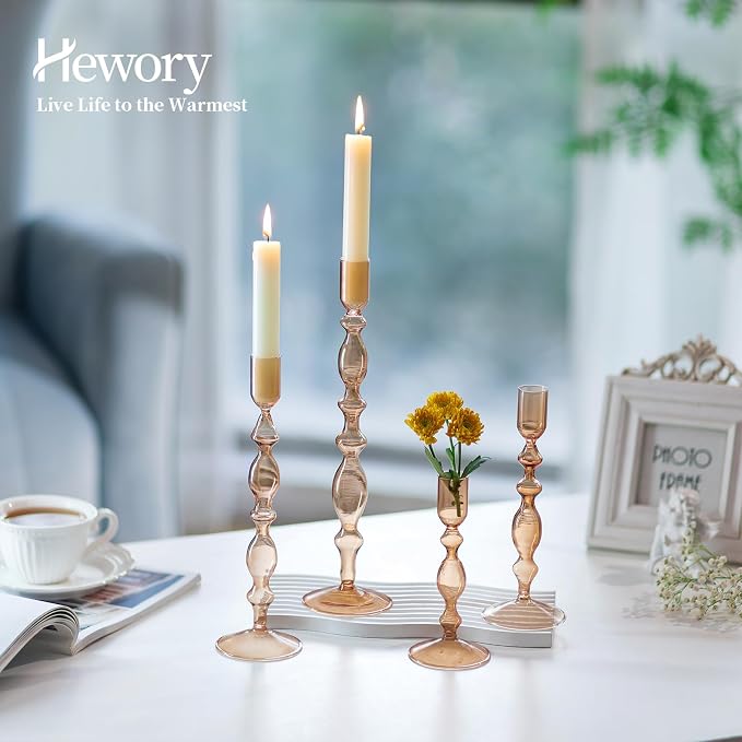 Hewory Glass Candle Holder Set: 4PCS Amber Glass Candlestick Holders Vintage Taper Candle Holders for Candlesticks, Unique Candle Sticks Holder Decor for Table Dinner Festival Events Decorations