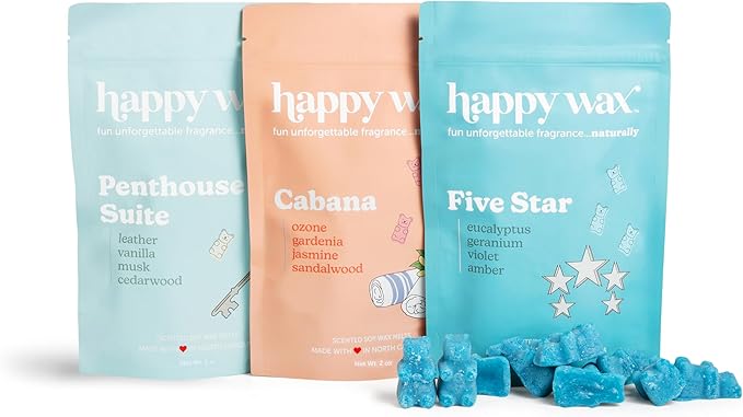 Happy Wax Hotel Collection Scented Natural Soy Wax Melts – 6 Total Oz. of Scented Wax Melts, Collection Includes Penthouse Suite, Cabana and Five Star