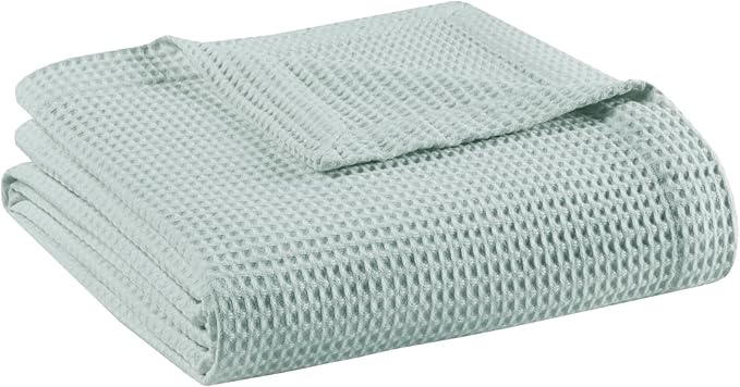 Madison Park 100% Cotton Blanket, Trendy Woven Waffle Weave Design, All Season, Lightweight, Breathable, Soft and Cozy Casual Summer Cover, for Bed, Couch and Sofa, King(108 in x 90 in), Aqua