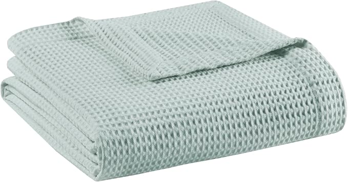 Madison Park 100% Cotton Blanket, Trendy Woven Waffle Weave Design, All Season, Lightweight, Breathable, Soft and Cozy Casual Summer Cover, for Bed, Couch and Sofa, Twin(66 in x 90 in), Aqua