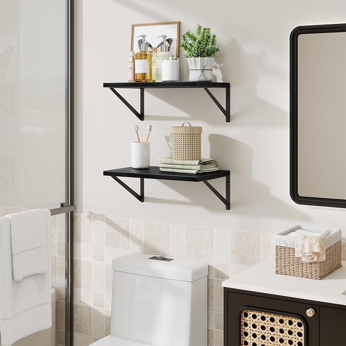 Acovy Floating Shelves for Wall,18" Wall Mounted Shelves Set of 2,Wood Floating Shelf with Bracket,Sturdy Metal Bracket Bookshelves Home Decor Storage for Living Room,Bedroom,Bathroom,Kitchen,Black