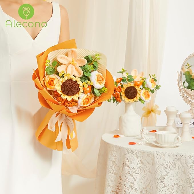 Alecono Crochet Flower Bouquet, Orange Knitted Flowers, Crochet Sunflower Flower for Lover Valentines Day Anniversary Birthday Party Mother's Day Graduation Gifts (Include Card)