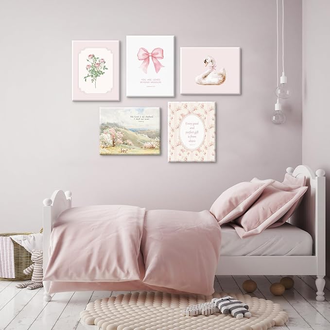 Nursery Christian Wall Art Bible Verses Canvas Wall Decor Baby Girl Room Poster Vintage Pink Nursery Prints Decor Floral Bow Swan Artwork Jesus Scripture Picture for Bedroom 8x10x5 Inch Wrapped Canvas