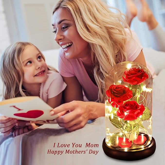 Beauty and The Beast Rose, Classic Red Rose with LED Lights and Falling Petals, Gifts for Women, Birthday Gifts for Women, Light Up Rose in Glass Dome, Valentine's Day Gifts for her