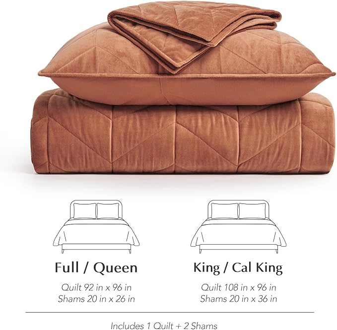 EVERGRACE 3 Pieces Luxurious Queen Velvet Quilts, Ultra Soft Lightweight Velvet Comforter Set, Matelasse Oversized Bedspread Coverlet for All Season with 2 Shams, Burnt Orange, 92"x96"