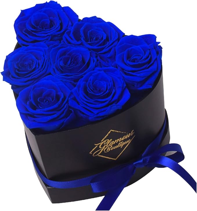 GLAMOUR BOUTIQUE 7 Flower Forever Heart Shape Box, Eternal Preserved Roses Gift for Her, Lasting Flowers, Petite Floral Heart Box for Birthday, Anniversary or Valentine’s Day, Blue (Color-Treated)
