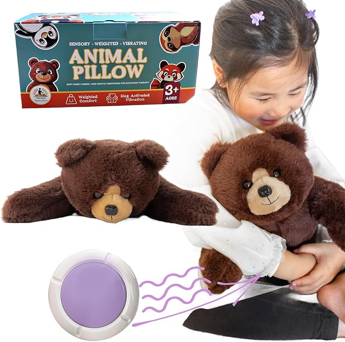 Lunapuer Bear Sensory Weighted Vibrating Pillow, Pressure Activated for Kids Adults, Plush Minky Soft Size: 11 by 20 inches Pillow Animal, Calming Therapy for Focus and Balance for Gift Birthday