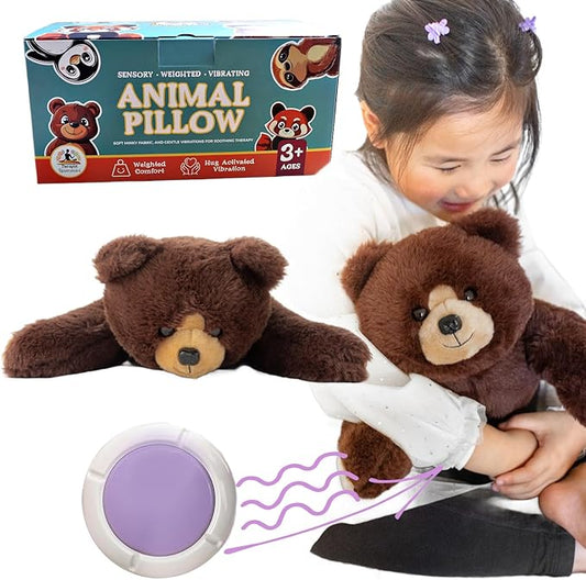 Lunapuer Bear Sensory Weighted Vibrating Pillow, Pressure Activated for Kids Adults, Plush Minky Soft Size: 11 by 20 inches Pillow Animal, Calming Therapy for Focus and Balance for Gift Birthday