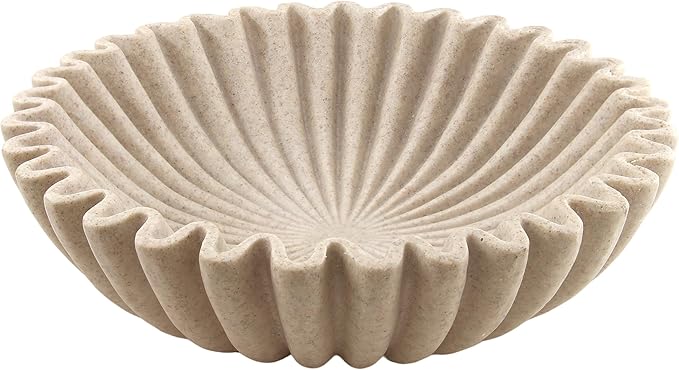 10'' Scalloped Decorative Key Bowl for Entryway Coffee Table - Catchall Trinket Large Candy Fruit Purse Holder Kitchen Countertop Console Modern Home Decor, Artificial Stone Beige