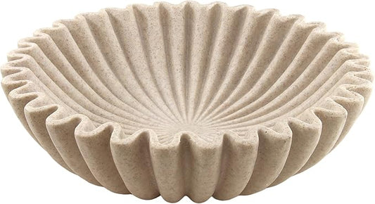 10'' Scalloped Decorative Key Bowl for Entryway Coffee Table - Catchall Trinket Large Candy Fruit Purse Holder Kitchen Countertop Console Modern Home Decor, Artificial Stone Beige