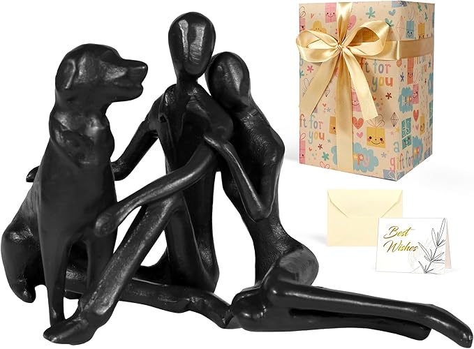 Kresecioo Sweet Couple & Dog Statue Cast Iron Sculpture Decor, Wedding Anniversary Love Gifts for Couple Women Men Wife Husband Her Him Girlfriend, Mothers Day for Wife Husband Birthday Gifts