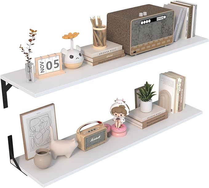 Long Wall Shelves, 48" W x 12" D Large Floating Shelves Set of 2, Wide Display Wood Shelf Wall Mounted with Heavy-Duty Metal Brackets for Bedroom Books, Living Room, Kitchen, White