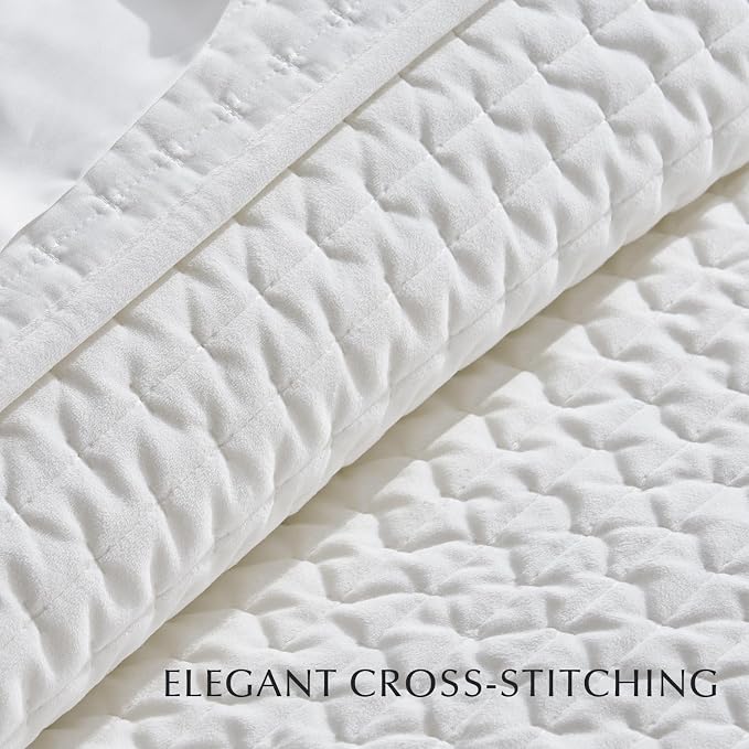 EverGrace Luxury Velvet Quilt Set Queen Size 3 Piece, Soft Cross-Stitch Velvet Comforter Set with Pillow Shams, Lightweight Coverlet Bedspread for All Seasons, Bright White