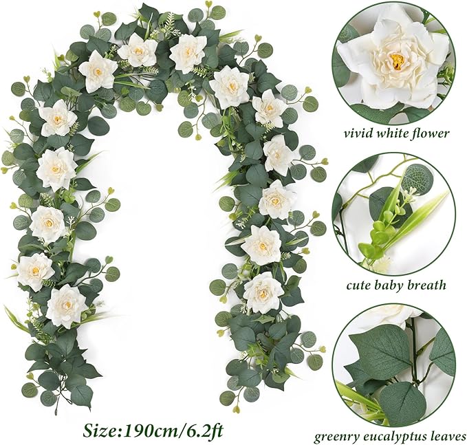 2PCS Flower Garland 6.2FT Artificial Rose Flowers Garland Wall Vines Greenery White Roses Eucalyptus Garlands for Wedding Table Runner Arches Backdrop Party Centerpiece Room Decor