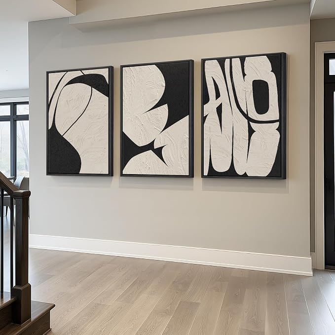 Large Framed Neutral Abstract Wall Art for Living Room, 3 Piece Black and Beige Modern Canvas Prints Paintings Artwork for Walls, Minimalist Abstract Pictures for Hallway, Office Wall Decor 24x36 In