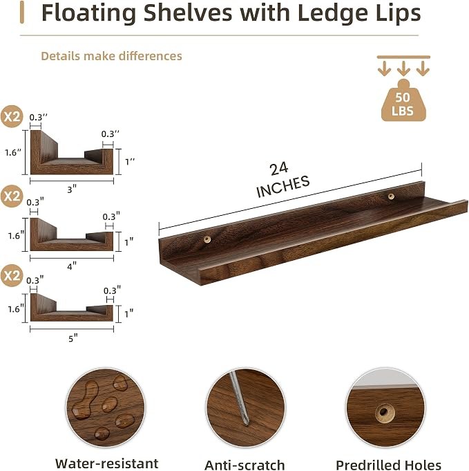 Acovy Floating Shelves Set of 6, 24 Inch Wall Mounted Picture Ledge Shelf with Lip, Walnut Display Shelves for Living Room, Bedroom, Nursery, Bathroom & Kitchen