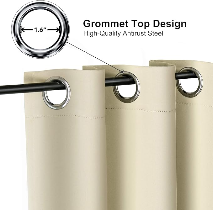 ChrisDowa Grommet Room Darkening Curtains for Bedroom and Living Room - 2 Panels Set Thermal Insulated Blackout Curtains (Beige, 52W x 63L