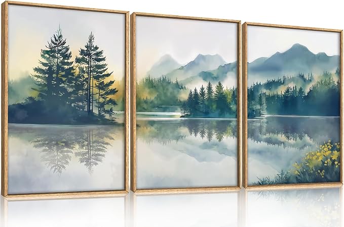HPNIUB Large Green Mountain Framed Canvas Wall Art Set, Nature Foggy Forest Lake Reflection Wall Decor,Modern Pine Tree Artwork,Watercolor Landscape Art Print for Living Room,Bedroom,Office-24 x36 x3