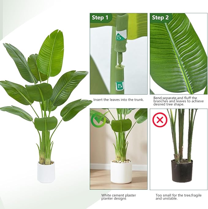 Artificial Bird of Paradise Plant 5FT Fake Palm Tree Feaux Plants in White Pot Artificial Tree Fake Plant for Indoor Outdoor Modern Decoration for Home Living Room Office