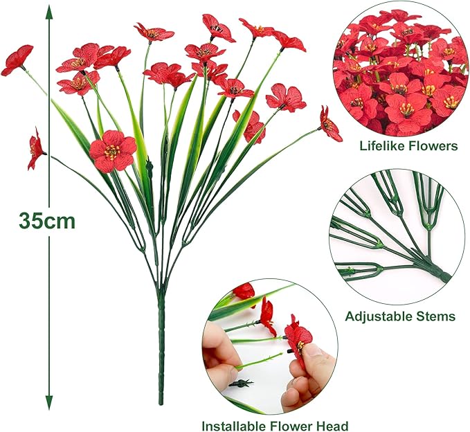 Ouddy Decor 12 Bundles Artificial Flowers for Decorations Fake Silk Plants for Outdoor Indoor UV Resistant Faux Plastic Greenery Stems for Window Box Garden Porch Home Spring Decoration, Red
